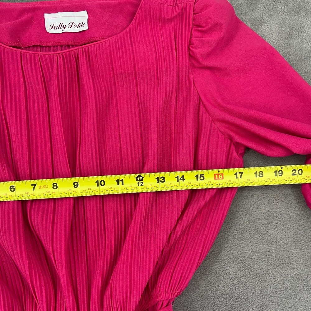 Sally‎ Petite Fit & Flare Dress Womens Pink Pleated Puff Sleeve Tie Waist Party - Picture 7 of 9